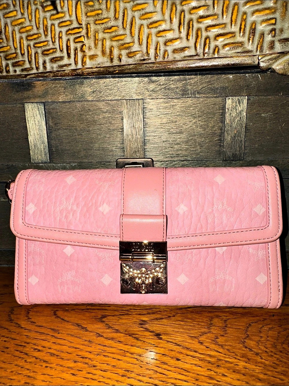 MCM Patricia Visetos Large Wallet on Chain Soft Pink Clutch Crossbody Bag - EUC